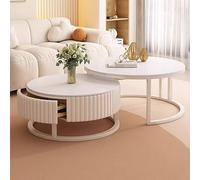 Smart Home,White Coffee Table Storage Drawers - 2-in-1 Set, Modern Round Design, Metal Frame for Living Room - Stylish Furniture Piece, Easy Assembly