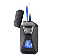 Smart induction butane lighter dual flame windproof lighter with visual window and adjustable flame 4 ignition methods(Black)