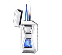 Smart induction butane lighter dual flame windproof lighter with visual window and adjustable flame 4 ignition methods(Silver)