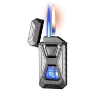 Smart induction butane lighter dual flame windproof lighter with visual window and adjustable flame 4 ignition methods(Black1)