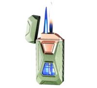 Smart induction butane lighter dual flame windproof lighter with visual window and adjustable flame 4 ignition methods(Green)