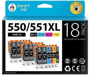 Smart Ink Compatible Ink Cartridge Replacement for Canon PGI 550 550XL CLI 551 551XL (6 PGBK & 3 BK/C/M/Y 18 combo pack) to use with PIXMA MG5450 MG5650 MX725 MG7550 MG6450 MG6350 iP8750 iP7250 MX925