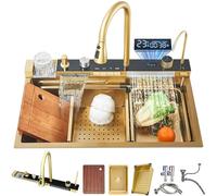 Smart Kitchen Sink with Temperature Display Stainless Steel Workstation Sink with Cup Washer Nano-Coated Single Bowl with Dual Waterfalls(Gold,75x45x21cm)