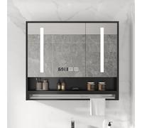Smart LED Bathroom Mirror Cabinet with Anti-Fog Makeup Mirror, Wall-Mounted Vanity with Time & Temperature Display, Towel Holder, Black (70 * 12 * 75cm)