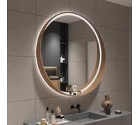 Smart LED Bathroom Mirror Round Backlit Makeup Wall Mirror 3 Adjustable Color Solid Wood Frame Anti-Fog Shatterproof Perfect for Vanity (White 80) (Willow 50 * 50cm/19.7 * 19.7in)