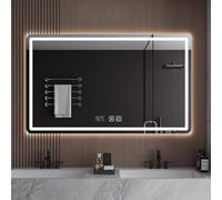 Smart LED Bathroom Mirror - Tri-Colour Dimmable Anti-Fog Wall-Mounted Vanity Mirror with Time & Temperature Display - Rectangular Backlit Makeup Mirror