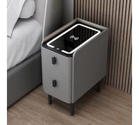 Smart LED Bedside Table with Charging Station Multifunctional Wooden Nightstand with Bluetooth Audio 2 Drawers 35cm Dark Gray Solid Wood End Table for Bedroom