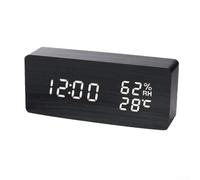 Smart LED Wooden Clock, Digital Alarm Clock Voice-Controlled Time Temp & Humidity Display 3 Brightness Levels For Home Office(A)
