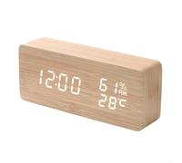Smart LED Wooden Clock, Digital Alarm Clock Voice-Controlled Time Temp & Humidity Display 3 Brightness Levels For Home Office(C)