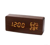 Smart LED Wooden Clock with Voice Control for Time, Temperature & Humidity -Display, Adjustable Brightness, USB or Battery- Powered, Digital Wood Grain Alarm Clock(B)