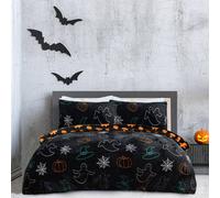 Sleepdown Halloween Spooky Ghost Black Orange Flannel Fleece Reversible Duvet Cover Quilt Bedding Set with Pillowcases Warm Soft Easy Care Bed Linen - King (230cm x 220cm), 5056557512522