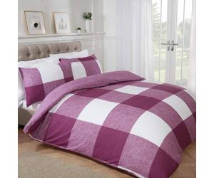 Smart Living Luxury Gingham Check Plain Reversible Duvet Cover With Pillowcases In Plum Plum Double