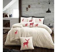 Smart Living Teddy Bear Fluffy Emb Stag Soft Fleece Duvet Cover Set With Pillowcases In Cream Cream King