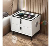 Smart Nightstand with Wireless Charging 3 USB Ports 3 LED Lights Modern Design 2 Drawers & Bluetooth Speakers - Stylish White Bedside Table for Bedroom
