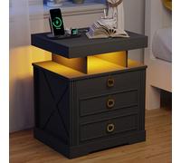 Smart Nightstand with Wireless Charging, LED Light, Lockable Drawer & Human Sensor - Modern Bedside Table with Open Compartment for Bedroom & Living Room - Matte Black