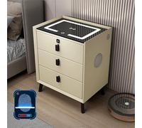 Smart Nightstand withPort & Wireless Charging Modern Bedside Cupboard with Fingerprint Lock AdjustableLights & Speaker Solid Wood Frame (Beige 40cm/15.7in)