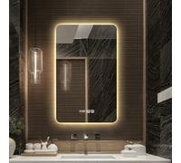 Smart Rectangular lighted bathroom mirror with LED Lights,Dimmable Anti-Fog Bathroom Vanity Mirror,wall mounted backlit bathroom vanity mirror,Time and temperature display,Three-color light,Touch Swit