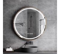 Smart Round Backlit Vanity Mirror - Tri-Colour Dimmable, Aluminum Alloy Frame, Anti-Fog, Time & Temperature Display, Shatterproof - Modern Wall-Mounted Makeup Mirror (Gold, 50x5 cm)