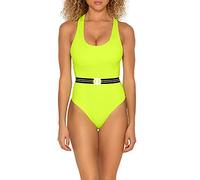 Smart & Sexy Women's Racerback One Piece Swimsuit, Neon Yellow W/Stripe Belt, X-Large