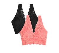 Smart & Sexy Women's Signature Lace Deep V Neck Wireless Support, Bralette Pack Plunge Bra, Semi-Sheer, Punchy Peach/Black Hue-2 Pack, L