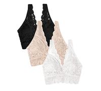 Smart & Sexy Women's Signature Lace Deep V Neck Wireless Support, Bralette Pack Plunge Bra, Semi-Sheer, in The Buff/White/Black-3 Pack, L (Pack of 3)