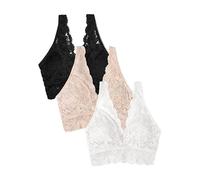 Smart & Sexy Women's Signature Lace Deep V Neck Wireless Support, Bralette Pack Plunge Bra, Semi-Sheer, in The Buff/White/Black-3 Pack, M (Pack of 3)