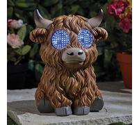 Smart Solar Highland Cow Garden Ornament with Solar Powered LED Blinking Eyes, Brown Resin, 19cm, Weather Resistant