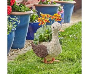 Smart Solar Rattan Duck Planter Garden Ornament, 34 cm, Natural Funimal Daphne Design with Pre-lined Base