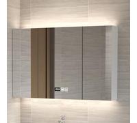 Smart Solid wood bathroom medicine cabinet,Modern Wall Mounted Vanity Mirror Cabinet with led light,bathroom vanity mirror with storage and anti fog,Time and temperature display,3-color,White-100*13*