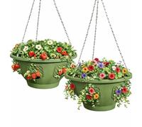 smart spring Ultimate Hanging Basket Strawberry & Flower Planter - 6 Side Planting Spaces, Drainage Hole, 1” Water Reservoir, Zinc-Plated Chain Included, Made in The USA (Sagebrush Green)