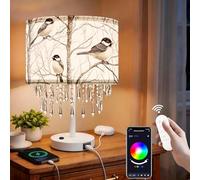 Smart Table Lamp with Bird Fabric Shade & Acrylic Droplets, Dimmable E27 LED Bulb Included, Bedside Desk Lamp with USB C & AC Outlet, App & Voice Control, Works with Alexa & Google Assistant
