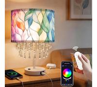 Smart Table Lamp with Colorful Leaf Fabric Shade & Acrylic Droplets, E27 LED Bulb Included, Bedside Desk Lamp with USB C & AC Outlet, App & Voice Control, Works with Alexa & Google Assistant