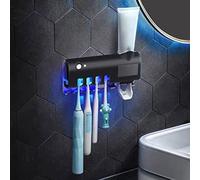 Smart Toothbrush Holder, ABS Shell Solar USB Charging 1200mAh Multi Slots UV Toothbrush Shelf Punch-Free for Bathroom (Black)