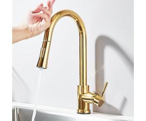 Smart Touch Sensor Kitchen Faucet - 360° Rotating Mixer Tap with Pull-Out Spray Sensitive Touch Control Elegant Shiny Gold Finish Modern Kitchen Essential