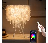 Smart Tripod Feather Table Lamp with Acrylic Droplets, App & Voice Control Bedside Light, Dimmable E27 LED Bulb Included, Fluffy White Desk Lamp for Bedroom, Compatible with Alexa & Google
