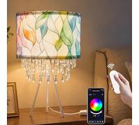 Smart Tripod Table Lamp with Colorful Leaf Drum Shade, Boho Bedside Lamp with Acrylic Droplets, Dimmable Color Changing E27 LED Bulb Included, Works with Alexa & Google Assistant for Bedroom