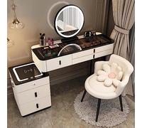 Smart Vanity Desk with Bluetooth Speaker & Wireless Charger Modern Dressing Table with 3 Color Touch Screen Dimming Mirror & 5 Storage Drawers for Bedroom Makeup