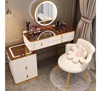 Smart Vanity Desk with Bluetooth Speaker & Wireless Charging Modern Dressing Table for Bedroom 3 Color Touch Screen Dimming Mirror 5 Drawers for Storage Elegant Makeup Station.