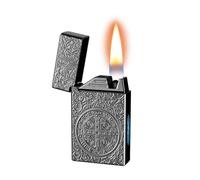 Smart voice-activated classic flip-top kerosene lighter, hand-carved, 4 ignition modes, visible transparent oil tank, for men(Black)