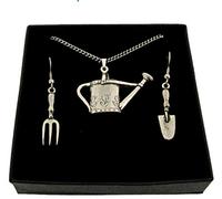 Smartbadge® Watering Can Pendant & Fork & Trowel Earrings Handmade In Pewter Boxed Gift Set+ 59mm Button Badge