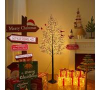 smartbies 150cm Pre Lit LED Twig Birch Christmas Tree Lamp with Red Birds - 200 Warm White Lights, 8 Modes, Indoor/Outdoor Decoration Christmas