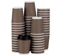 SmartCups 50 Pack Takeaway Coffee Cups with Lids | Disposable Insulated Triple Wall Ripple Kraft Paper Coffee Cups for Takeaway Coffee, Tea or hot Liquids | Pack of 50 (12 Oz.), Brown