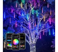 SmartDawn Smart Meteor Shower Lights Outdoor, 16Tube 256LED 24.6ft Color Changing Icicle Christmas Lights Outdoor Outside, APP Controlled RGB Customize Display DIY Dynamic Lighting Effec