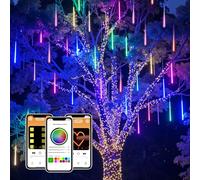 SmartDawn Smart Meteor Shower Rain Lights, 8Tube 128LED 11.48ft Color Changing Icicle Christmas Lights Outdoor Outside, APP Controlled RGB Customize Display DIY Dynamic Lighting Effect