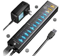 SmartDelux Powered USB Hub - 13-Port USB 3.0 Hub with 10 USB 3.0 Ports, 3 Smart Charging Ports, Power Adapter, Long Cord, LEDs - Black Aluminum