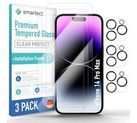 smartect Glass Screen Protector [3 + 3 Pieces, Ultra-Clear] for iPhone 14 Pro Max, Display + Camera, incl. Installation Frame, HD Protective Film Anti Scratch, Bubble Free, 9H Hardness