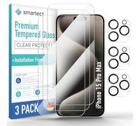 smartect Glass Screen Protector [3 + 3 Pieces, Ultra-Clear] for iPhone 15 Pro Max, Display + Camera, incl. Installation Frame, HD Protective Film Anti Scratch, Bubble Free, 9H Hardness