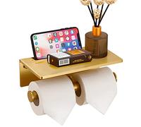 Smarthome Double Toilet Paper Holder with Shelf, Commercial Toilet Paper Roll Dispenser Wall Mount with Cell Phone Storage Rack, Aluminium Fits Mega Roll Dual Toilet Paper Tissue Holder Brushed Gold