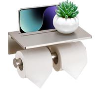 Smarthome Toilet Paper Holder - Aluminium Double Roll Toilet Tissue Holder with Mobile Phone Shelf for Bathroom, 3M Self Adhesive No Drilling or Wall-Mounted, Rustproof Modern Style Brushed Nickel