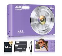 SMARTKLIK Digital Camera for Teens, FHD 4K 44MP with 64GB SD Card, 16X Digital Zoom, Purple